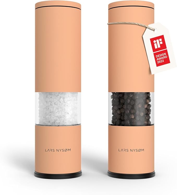 LARS NYSØM Salt and Pepper Grinder Set 2 pieces I Salt Pepper Mill with Adjustable Ceramic Grinder I Design Spice Grinder Set Manual (Creamy Peach)