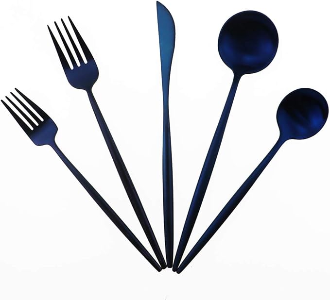 Matte Blue Gugrida 5-Piece 18/10 Stainless Steel Silverware Set, Satin Finish Flatware, Kitchen Utensils, Tableware Travel Cutlery for Camping, Office or School Lunch, Dishwasher Safe