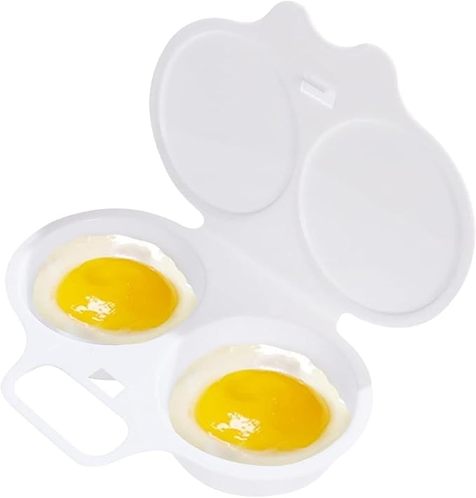 1pc white Egg Poacher, Microwave Boiler Poacher, 2 Cavity Nonstick Double Drain Poached Egg Maker Cups With Lid
