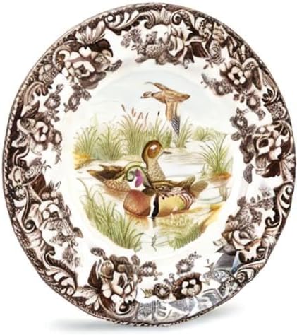 Spode Woodland Wood Duck Salad Plate - Wildlife Design with British Flowers Border, Holiday Dinnerware for Salad, Dessert or Appetizers, 8" Fine Porcelain - Dishwasher, Microwave, Freezer & Oven Safe