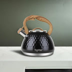 Tea Kettle, Toptier Teapot Whistling Kettle with Wood Pattern Handle Loud Whistle, Food Grade Stainless Steel Tea Pot for Stovetops Induction Diamond Design Water Kettle, 2.7-Quart Black