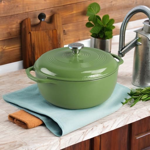 Lodge 6 Quart Enameled Cast Iron Dutch Oven with Lid – Dual Handles – Oven Safe up to 500° F or on Stovetop - Use to Marinate, Cook, Bake, Refrigerate and Serve – Spruce