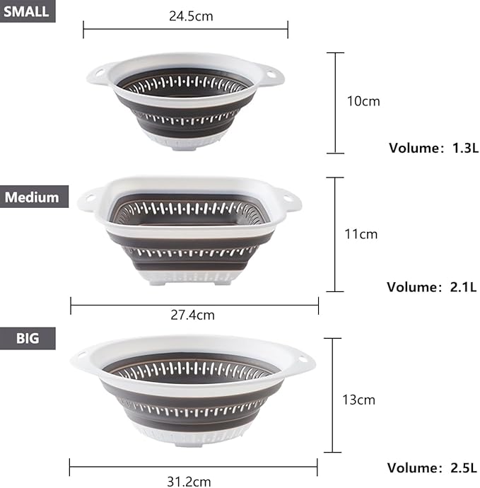LogFaadCoi 3 Pcs Collapsible Colander and Strainer,Silicone Strainer Colanders & Food Strainers,for Vegetable and Fruit, Kitchen Essentials, white
