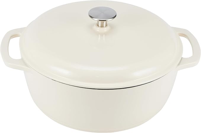 Amazon Basics Cast Iron Dutch Oven Pot with Lid, Enameled, Round, Dual Handles, Heavy-Duty, Small, 4.3-Quart, White