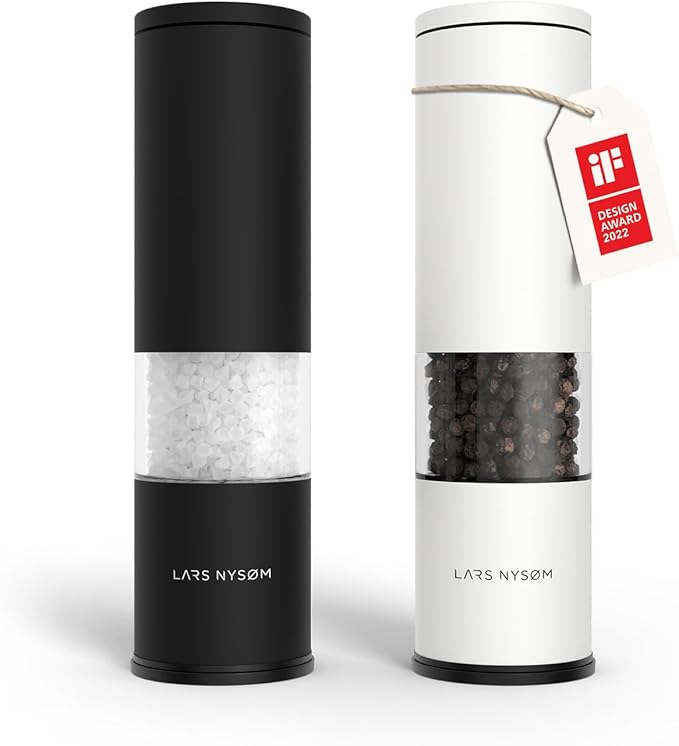 LARS NYSØM Salt and Pepper Grinder Set 2 pieces I Salt Pepper Mill with Adjustable Ceramic Grinder I Design Spice Grinder Set Manual (Black/White)