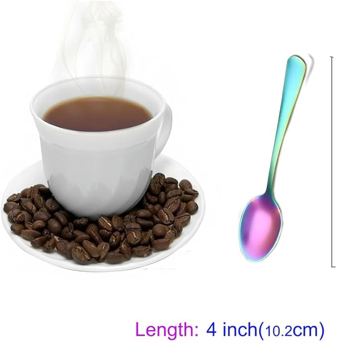 Wesdxc56 Demitasse Espresso Spoons, Mini Coffee Spoon, 4 Inches Stainless Steel Small Spoons for Dessert, Set of 6（Rainbow)