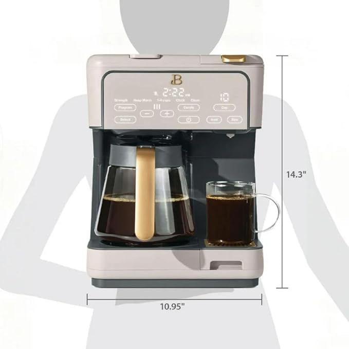 Beautiful by Drew Barrymore Multi-Brew Coffee Maker, 12-Cup Carafe + Single-Serve, Pods or Grounds, Over Ice, Touch Display. (Porcini Taupe)