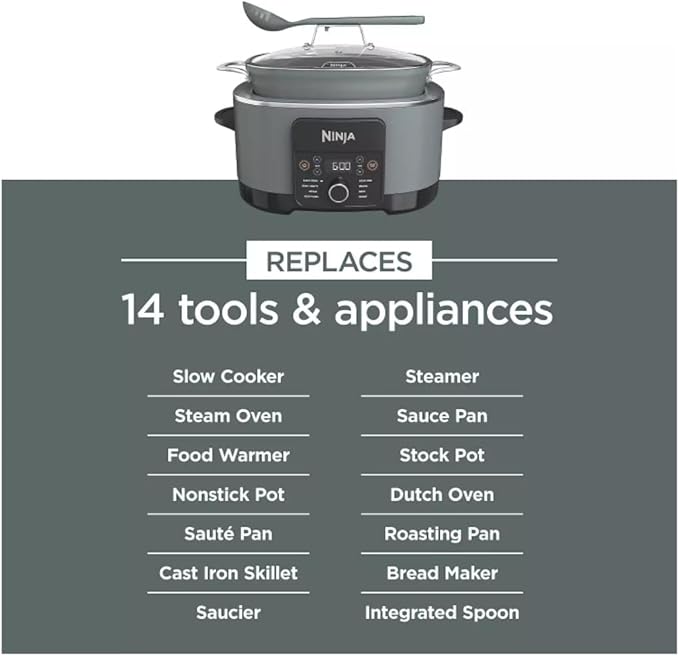 Ninja Foodi PossibleCooker PRO MC1000 8.5Qt Multicooker 8 in 1 Slow Cooker, Dutch Oven, Steam Bake Roast Sear Sauté Bread Maker Warmer, Glass Lid, Integrated Spoon, Nonstick (Gray)