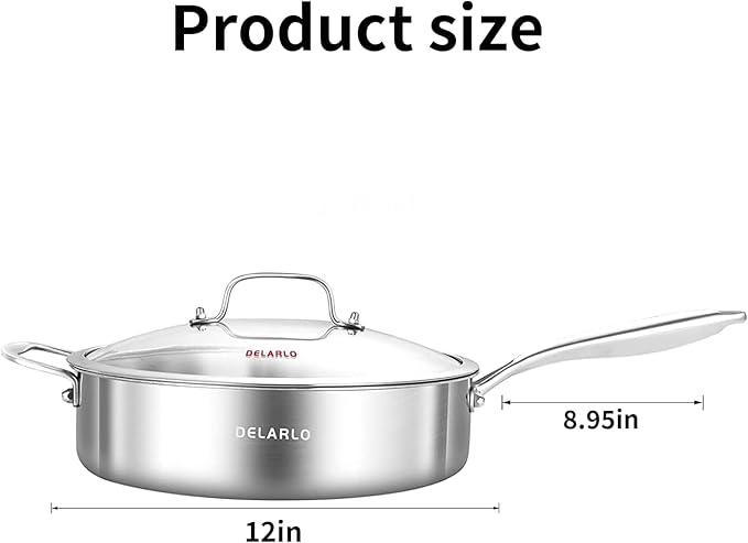 DELARLO Tri-Ply Stainless Steel Saute Pan With Lid 5.5QT,12.3Inch Deep Frying pan,Induction Large Skillet,Jumbo Cooker,Efficent Fast Even Heating Cooking Pan Dishwasher and Oven Safe