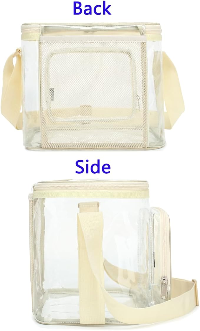 FlowFly Insulated Reusable Lunch Bag Adult Large Lunch Box for Women and Men with Adjustable Shoulder Strap,Front Zipper Pocket and Dual Large Mesh Side Pockets,Clear#Biege