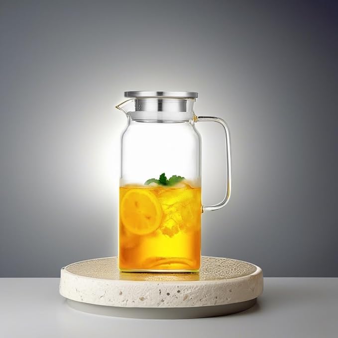 42OZ Glass Pitcher with Lid and Spout, Water Jug, 1250ml Carafe for Hot/Cold Water, Juice and Homemade Beverage, Large Iced Tea Pitcher for Coffee