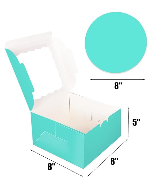 qiqee 8x8x5 Cake Box, 18 Sets Mint Blue Cake Box with Window ＆ 18 Sets 8" Mint Blue Cake Round Boards, 8inch Cake Containers