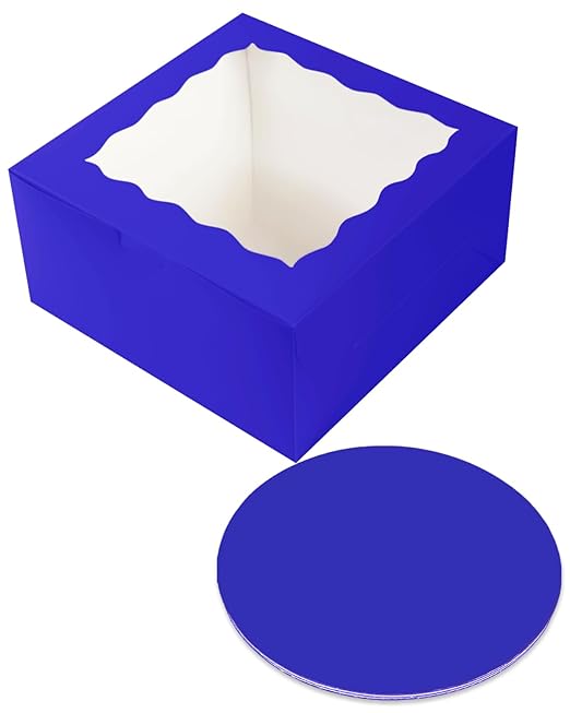qiqee 10x10x5 Cake Box, 18 Sets Gemstone Blue Cake Box with Window ＆ 18 Sets 10" Gemstone Blue Cake Round Boards, 10inch Cake Containers