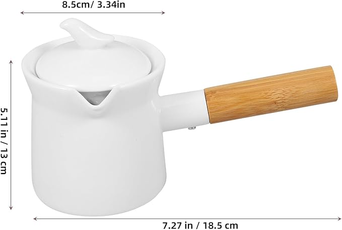 BESTonZON Ceramic Milk Warmer Pot 350ml Enamel Pan Non-stick Saucepan With Lid Porcelain Coffee Pot Food Bowl Butter Warmer With Wooden Handle for Heating Liquid Appetizer