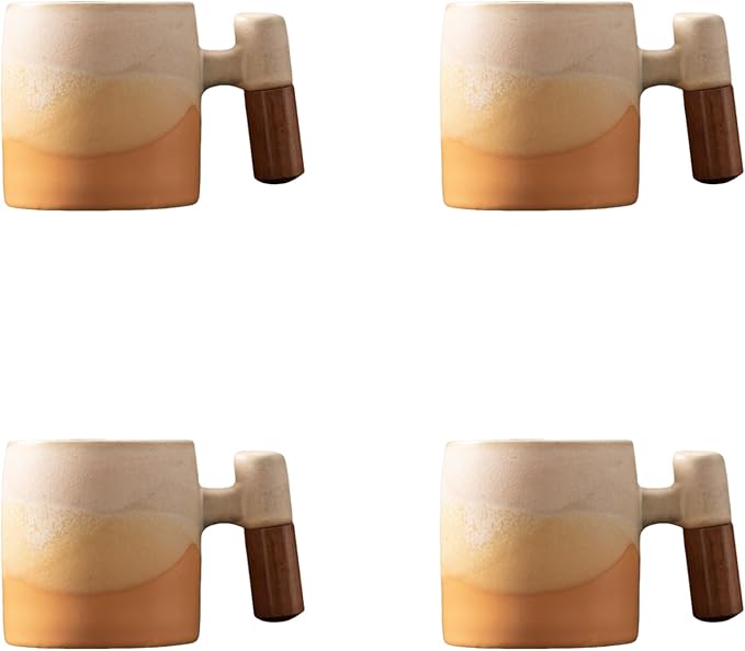 2-Oz Ceramic Espresso Cups with Wood Handle, 2/4-Piece Set for Coffee, Tea, Latte - Dishwasher Safe, Multi-Color & Wood Styles, Gift & Café Use (Kiln turning yellow, Wooden Handle4)