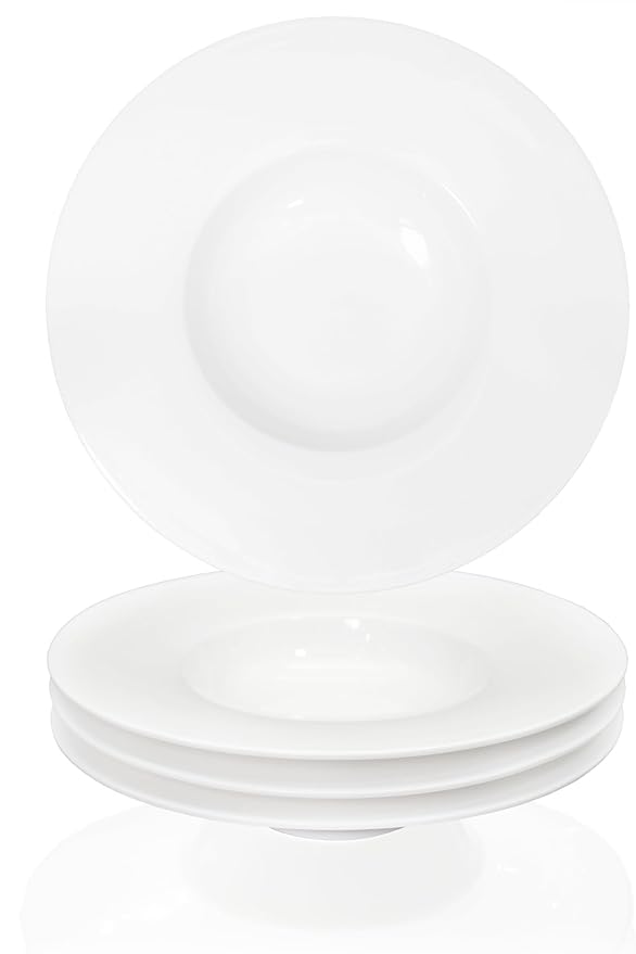 Ceramic Wide Rimmed Soup Plate, Soup Bowl 9 oz, Pasta Bowl Set of 4, White Shallow Bowl Plate with Rim, Best choice for high-end restaurants, hotels, and foodies, 10.85 Inch