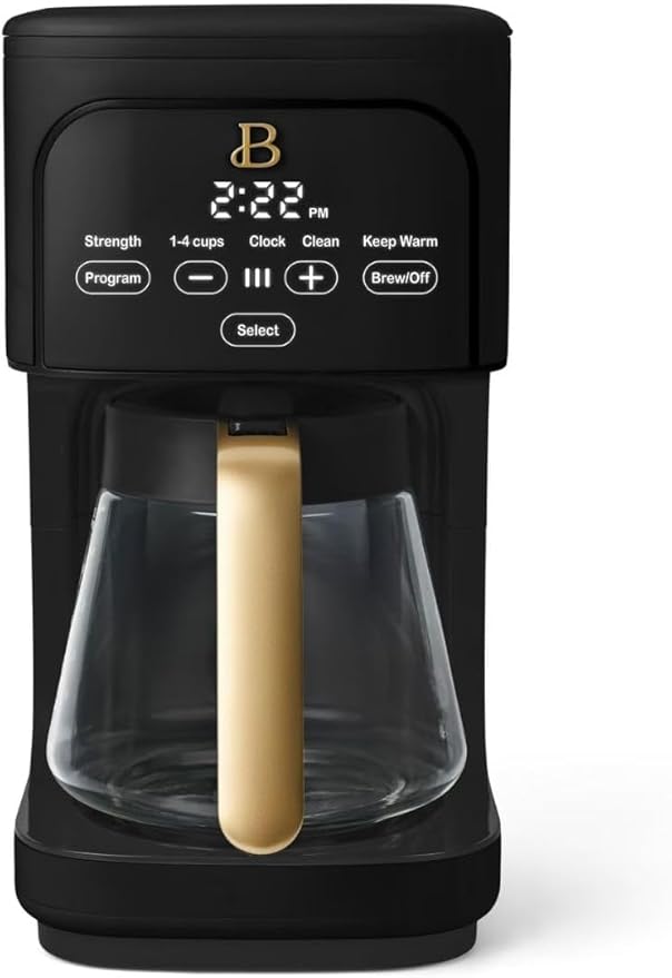 Beautiful 12-Cup Programmable Coffee Maker by Drew Barrymore, Touch-Activated Display, Auto Brew 24hr Timer, Regular/Gourmet/Bold Strength Options, Auto Clean & Keep Warm – Matte Finish (Black Sesame)