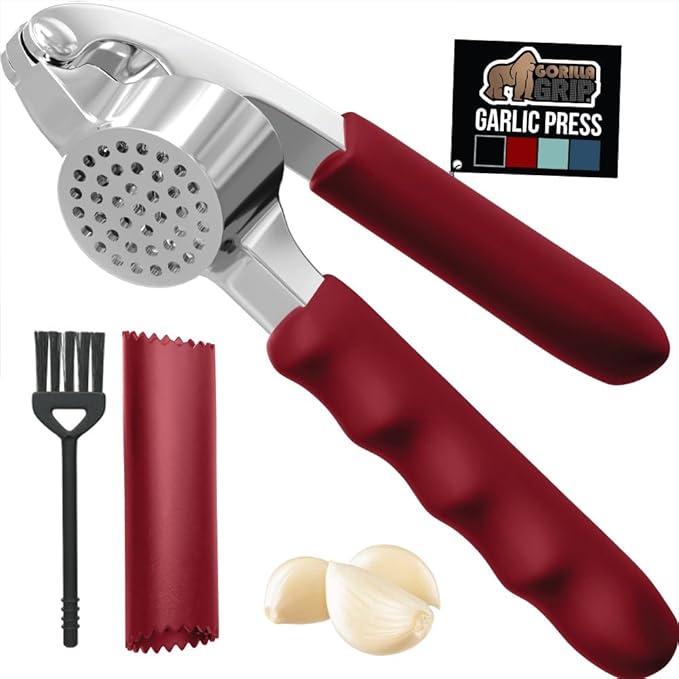 GORILLA GRIP Garlic Press and Peel Set, Heavy Duty Mincer Tool, Easily Mince and Crush Garlics, Ginger, Nuts, Seeds, Large Ergonomic Handle, Peeler Included, Peeling Cloves, Kitchen Gadgets, Red