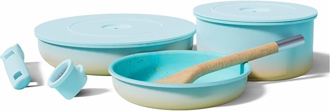 Ombré Titanium Ceramic Cookware Set Non Toxic – 8 Pcs Non Stick Pots and Pans Set with Removable Handles, Magnetic Lid & Wooden Spatula for Cooking – Oven & Dishwasher Safe (Catalina Blue)