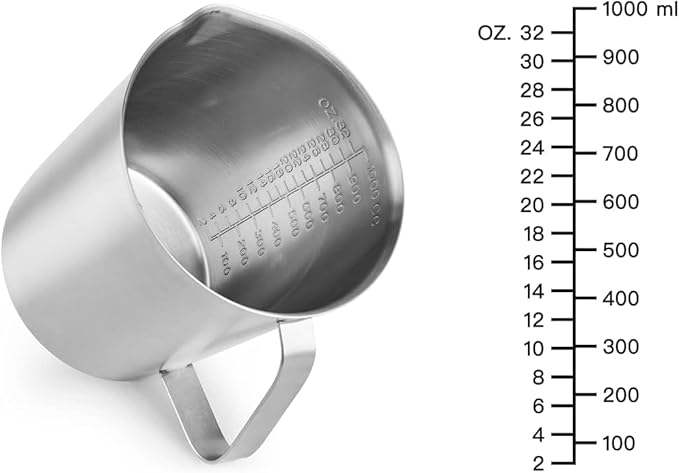 CURTA 18/8 Stainless Steel Measuring Cup with Handle and Pour Lip, Metal Pitcher with Oz and ML marking, 32 OZ/1000 ML- 4 Cup), Heavy-Duty Pitcher