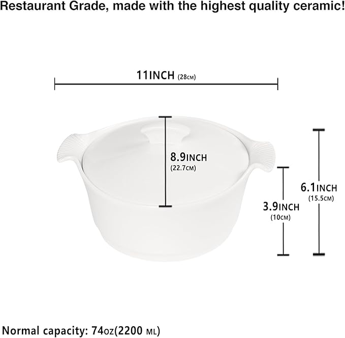 8.9" Ceramic Casserole Dish with Lids, 2.2 Quart White French Soup Tureen Bakeware Set with Handle 11 IN, Chip and Crack Resistant Baking Dish, Microwave Dishwasher Oven Fridge Safe