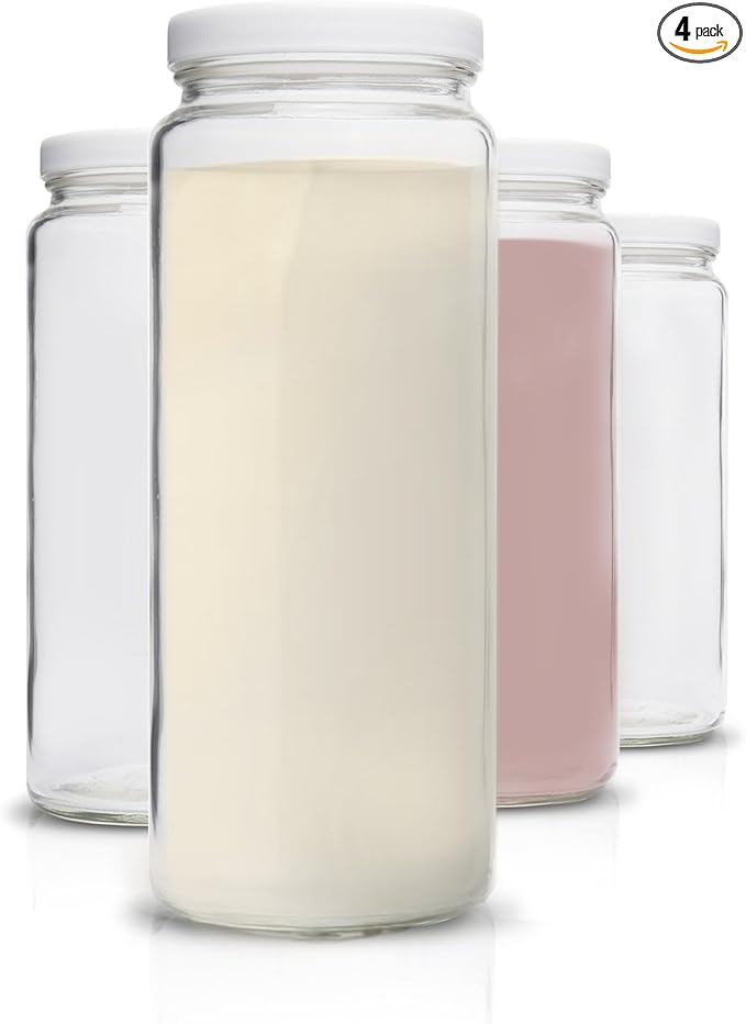 All About Juicing Glass Bottles Set - 32 oz Jars, 4 Pack Wide Mouth with Lids for Juice, Smoothies, Water, Milks, Beverage Storage - Large Jug, Clear, Durable, Reusable, Dishwasher Safe, Leak Proof