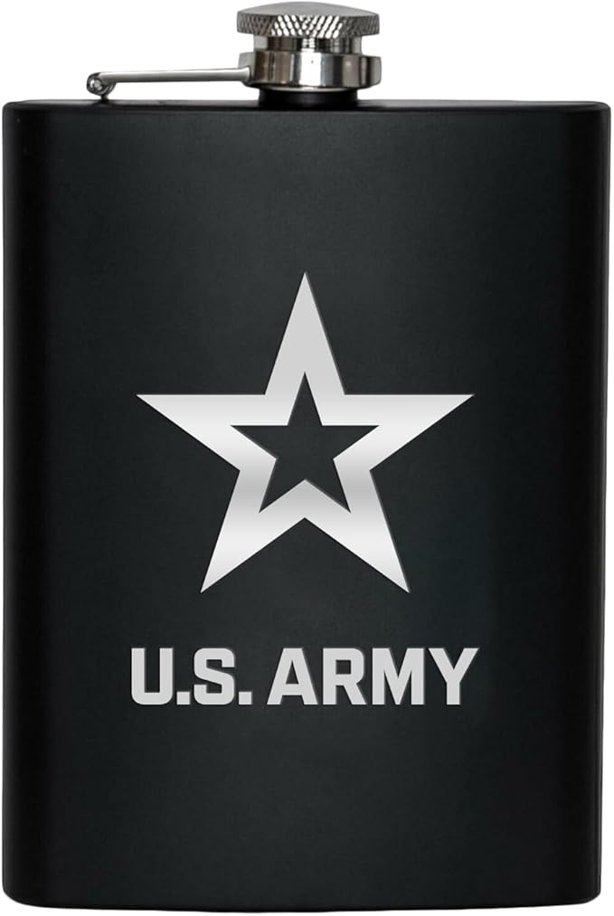 US Army 8 oz Flask | Stainless Steel Hip Flask for Liquor – Matte Black, Great Gift Idea for Veterans - Army Black Flask