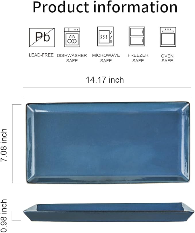 KOOV Ceramic Serving Tray, 14 Inches Large Serving Platter, Rectangular Serving Tray, Porcelain Serving Plates, Ceramic Serving Dishes for Dinner, Party, Sushi, Dessert, Food, Set of 4 (Stone Blue)