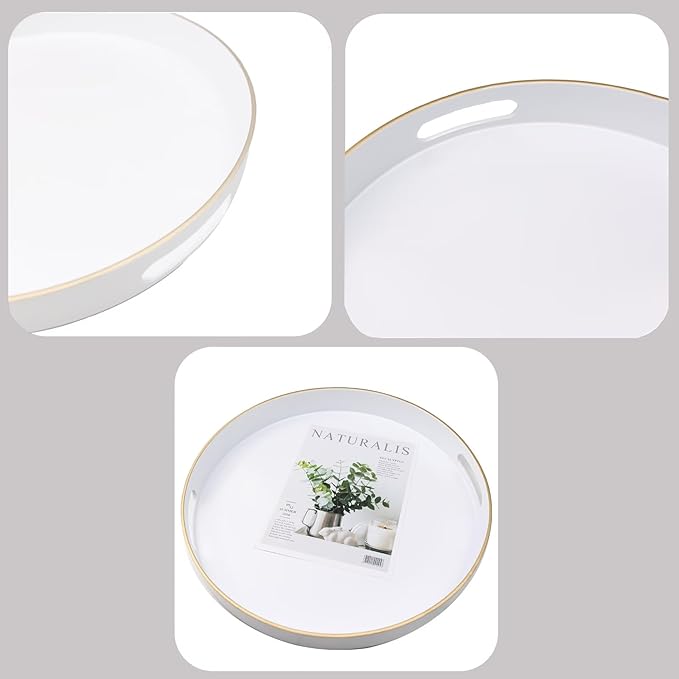 White Round Decorative Tray with Handles, 13" Versatile Serving Tray for Coffee Table, Ottoman, Ideal for Serving, Displaying, Organizing