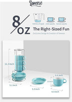 Sweese 8 Ounce Porcelain Stackable Cappuccino Cups with Saucers and Metal Stand - for Specialty Coffee Drinks, Cappuccino, Latte, Americano and Tea - Set of 4, Turquoise