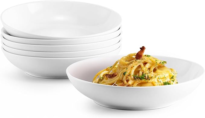 Jassceram 8.5inch Pasta Bowls Set of 6, 36 OZ Salad Plates,Ceramic Serving Bowls for Soup,Noodle,Deep Enough for Kitchen and Dining, Microwave,Oven and Dishwasher Safe,Off White