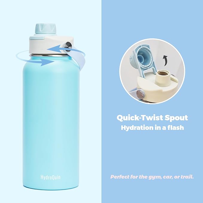 32oz Water Bottle with Comfort Grip Handle, HydroQuin Gym Water Bottle, Insulated Steel Water Bottle with Wide Mouth, No Straw