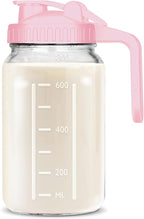 Mason Jar Pitcher, 32 OZ Breast Milk Pitcher Double Leak Proof with Pour Spout Handle, Wide Mouth Iced Tea Pitcher for Fridge, Creamer Container for Coffee, Sun Tea juice (Pink,1 Pack)