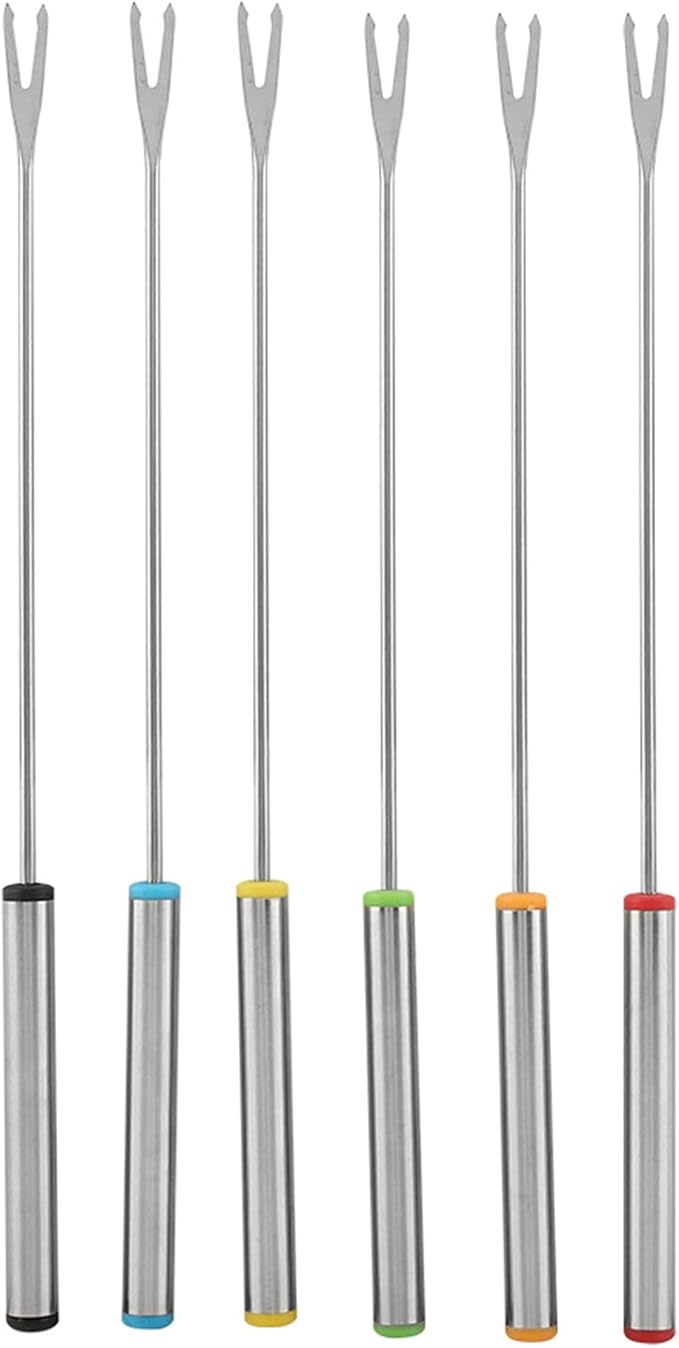 6-Piece Stainless Steel Fondue Sticks Set with Heat Resistant Handle for Cheese, Meat, Chocolate, Dessert, Roasting