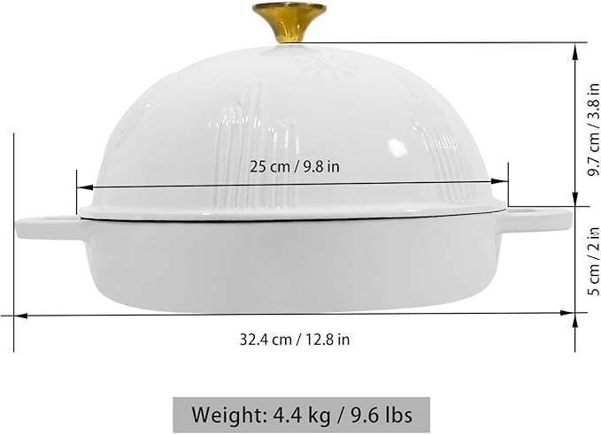 Bread Oven Cast Iron Bread Dutch Oven with Cloche Lid for Bread Baking White Enameled Cast Iron Bread Oven with Dome Lid for Sourdough, 9.8 Inches