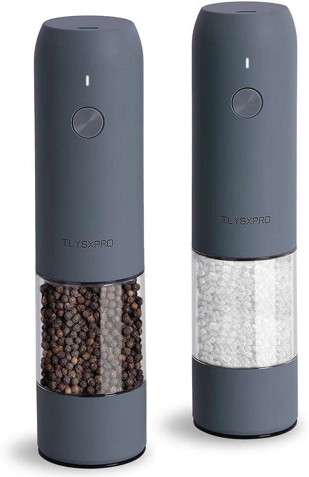 Electric Salt and Pepper Grinder Set with USB Rechargeable, Automatic One Hand Operation with Adjustable Coarseness, Pepper Mill Grinder Refillable with LED Light (2 Packs, Blue-Grey)
