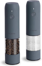 Electric Salt and Pepper Grinder Set with USB Rechargeable, Automatic One Hand Operation with Adjustable Coarseness, Pepper Mill Grinder Refillable with LED Light (2 Packs, Blue-Grey)