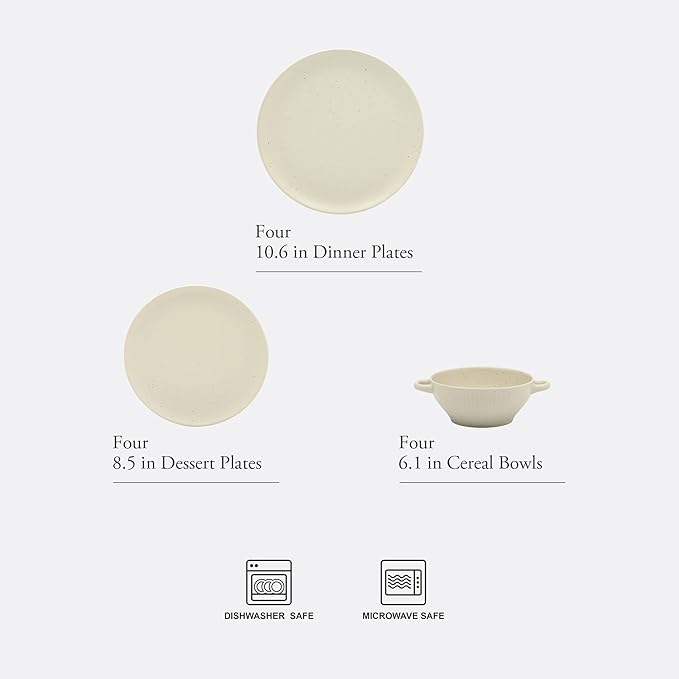 Gibson Elite Clover Hill 12-Piece Stoneware Dinnerware Set – White Cream Embossed Plates and Bowls with Matte Speckled Reactive Glaze, Service for 4 – Microwave & Dishwasher Safe