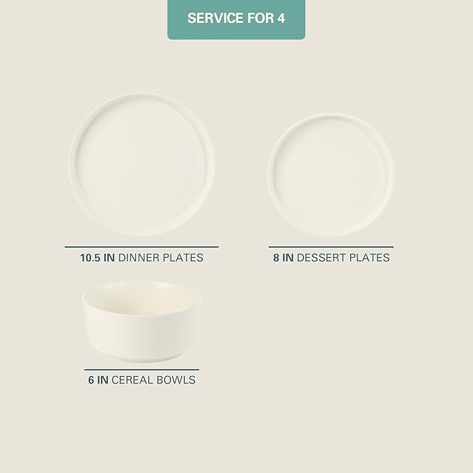 Gibson Home Dempsey Road 12-Piece Stoneware Dinnerware Set – Service for 4, Round White Plates and Bowls, Durable Solid Color Modern Embossed Dish Set, Microwave & Dishwasher Safe