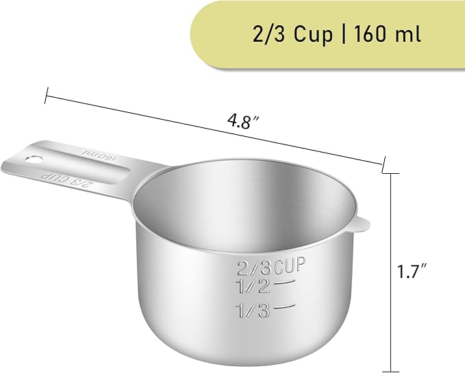 2PCS 2/3Cup (160ml, 5.3oz) Single Measuring Cup, Stainless Steel Measure Scoop, Metric and US Measurement, Dishwasher Safe