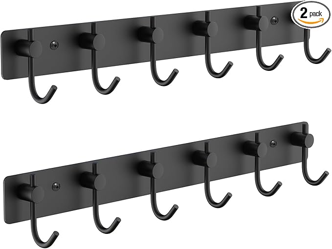 VAEHOLD Wall Hooks for Hanging, Black Coat Rack Wall Mount with 6 Coat Hooks, Towel Hanger, Hat Hooks, Robes Hook in Bathroom, Bedroom, Kitchen, Living Room (2 Pack)