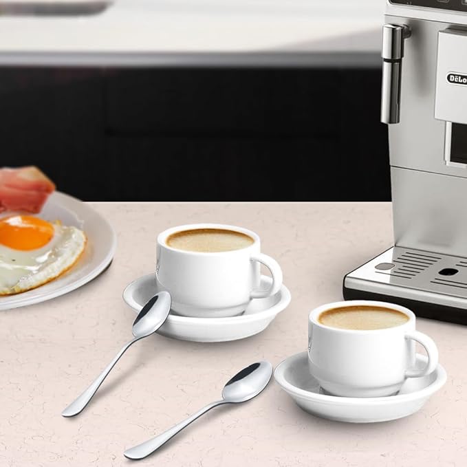 homEdge Premium Espresso Shot Cups and Saucers Set with Espresso Stainless Steel Spoons - 2.5 oz, Set of 4, White