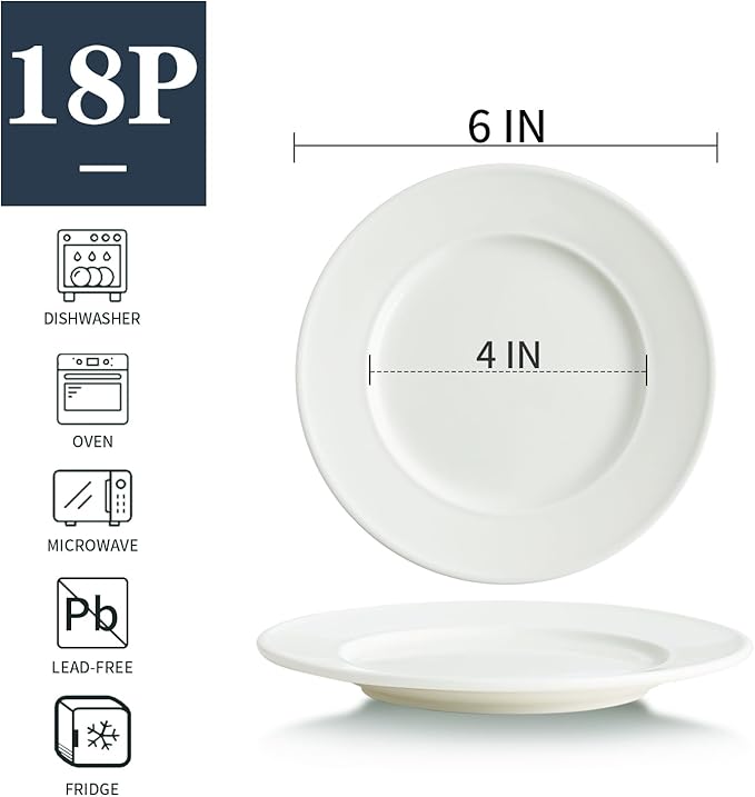 Dessert Plates Set of 18, 6 Inch Small Round Porcelain Appetizer Dinner Plate, White Ceramic Serving Dishes for Cake, Ice Cream, Snacks,Microwave, Dishwasher & Oven Safe