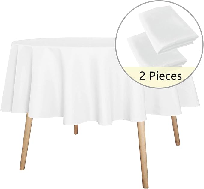 sancua 2 Pack Round Tablecloth 60 Inch White (Fits 20-48 Inch Tables), Stain and Wrinkle Resistant Table Cloth - Washable Polyester Table Cover for Dining Tables, Buffet Parties and Camping