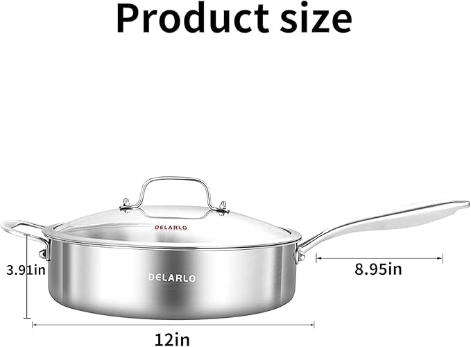 DELARLO Tri-Ply Stainless Steel 7QT Jumbo Cooker Saute Pan With Lid, Nonstick 12.5 Inch Deep Frying Pan, Induction Large Skillet, Cooker Pan for Chefs, Dishwasher & Oven Safe