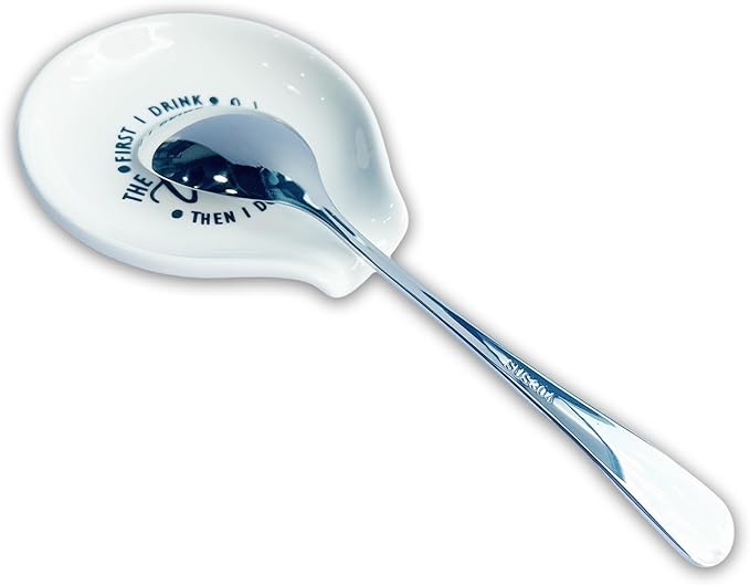 Coffee Spoon Rest with spoon, Mini Coffee Spoon Holder for Coffee Stirrers, Teaspoon, Coffee Bar Accessories, (White Coffee Spoon Rest with Pattern & Silver Ellipse Spoon)