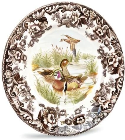 Spode Woodland Wood Duck Salad Plate - Wildlife Design with British Flowers Border, Holiday Dinnerware for Salad, Dessert or Appetizers, 8" Fine Porcelain - Dishwasher, Microwave, Freezer & Oven Safe