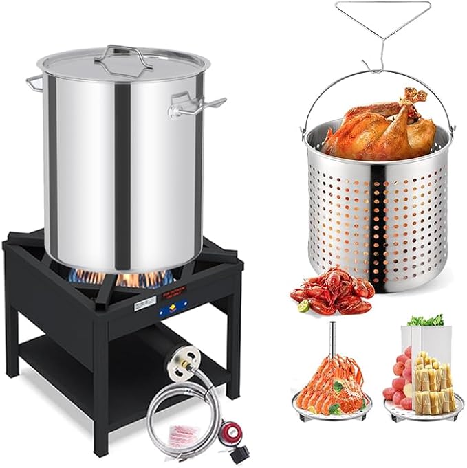 ARC 52QT Seafood Boiling Kit, 200,000BTU Propane Burner And Stainless Steel Crawfish Boil Pot w/Basket and Steamer Rack, For Outdoors Cooking and Steaming, Large Turkey Fryer, Lobster Shrimp Pot