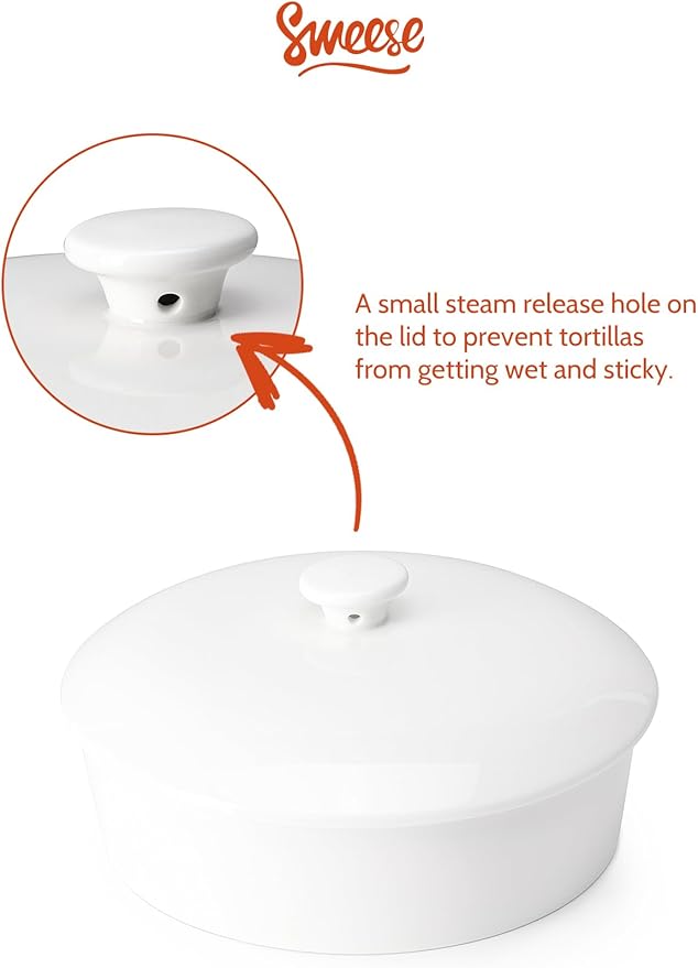 Sweese Ceramic Tortilla Warmer - Holds 12 Tortillas, Microwave & Oven Compatible, Elegant White Tortilla Holder with Lid for Taco Nights, Pancakes, Waffles - Durable & Easy to Clean