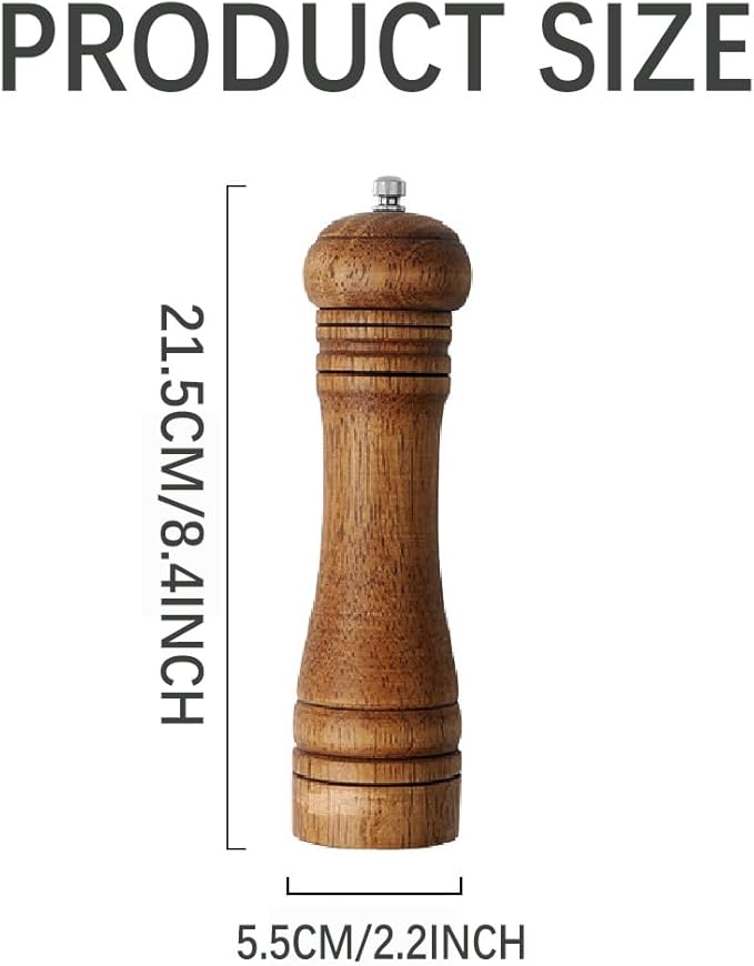 Wooden Pepper Grinder Mill, 8 Inch Salt or Mill Grinder Refillable with Adjustable Coarseness, Acacia Wood Peppercorn Grinder Shaker Tableware Gifts Manual Pepper Grinder Kit Seasoning Mill